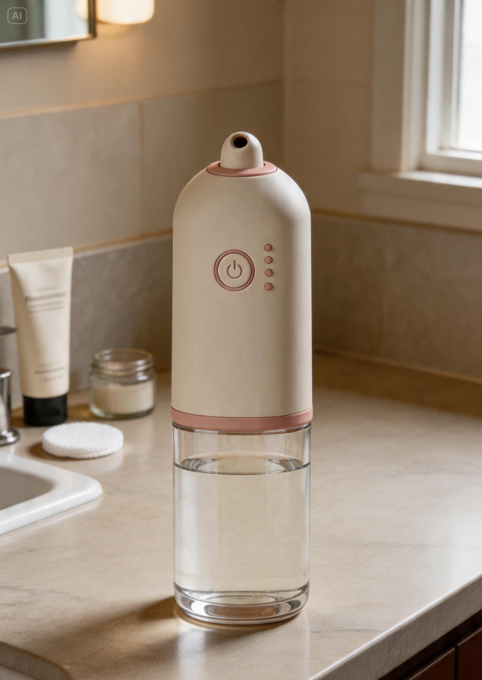 Bareé Pore Reset device standing on a marble bathroom counter